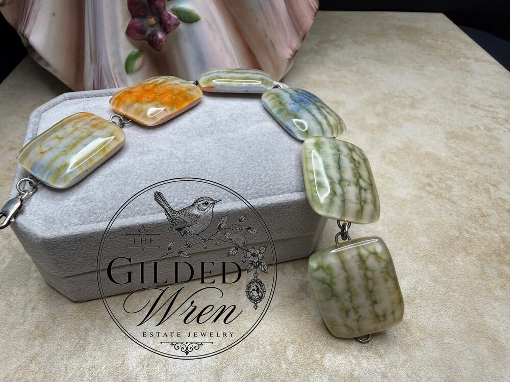 Vintage Studio Art Glass Bracelet Sterling Silver 925 Links 8” Mid Century MCM